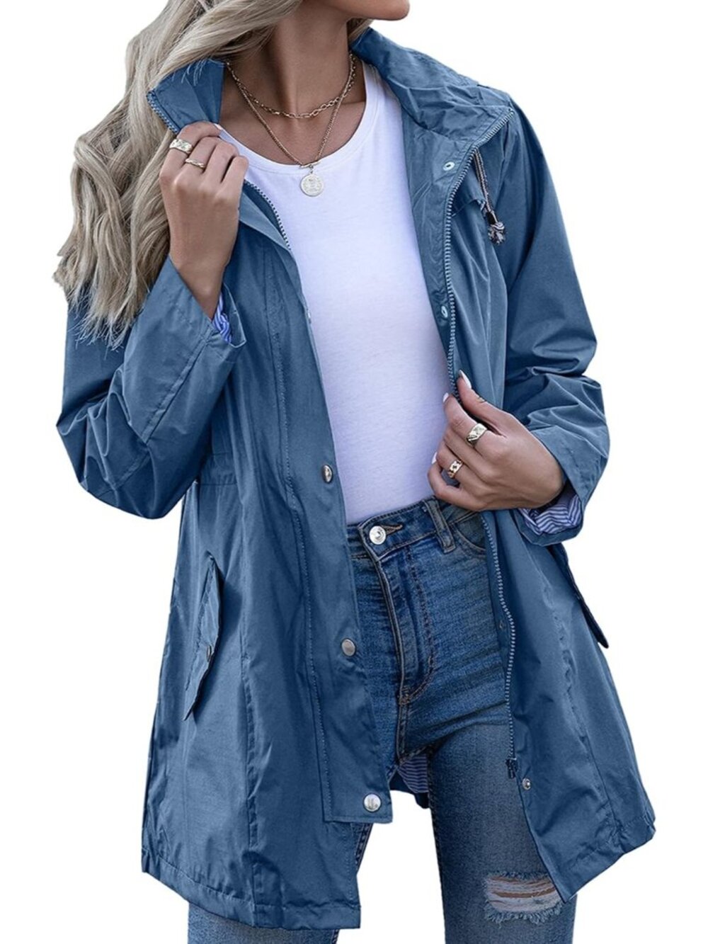 Women's Turquoise Hooded Striped Lined Waterproof Hiking Packable Rain Jacket